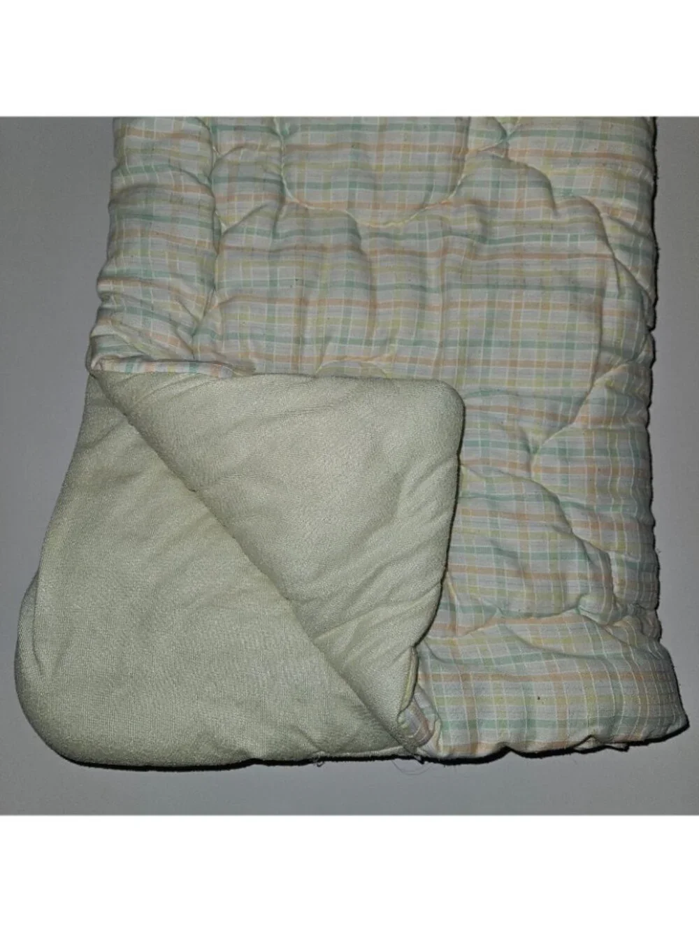 VTG Downlon Quiltex Yellow Orange Green White Plaid Baby Blanket Comforter 29x40